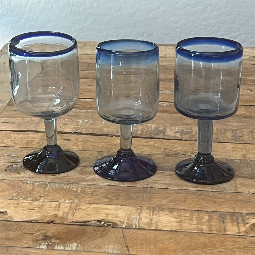 Mexican Hand Blown Goblets Drinking Glasses Cobalt Blue Rim Set of 5 - Picture 2 of 12